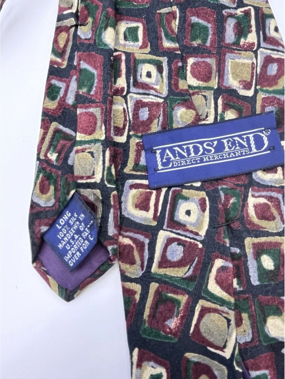 Lands End Tie Geo Print  Retro Long Tall Classic  3.5 X 60 100% Silk
